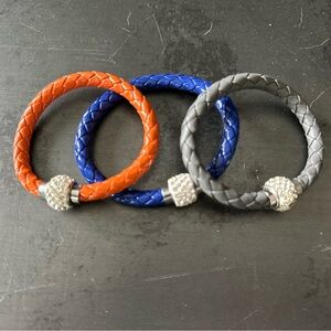 Trio of leather and crystal magnetic closure bracelets